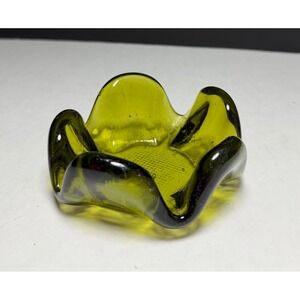 VTG Viking Olive Green Hand Blown Art Glass Ruffled Trinket Dish Ashtray MCM